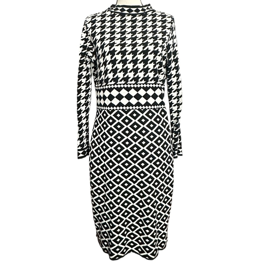 Parkhurst Dress M Houndstooth Knit Black & White Long Sleeve